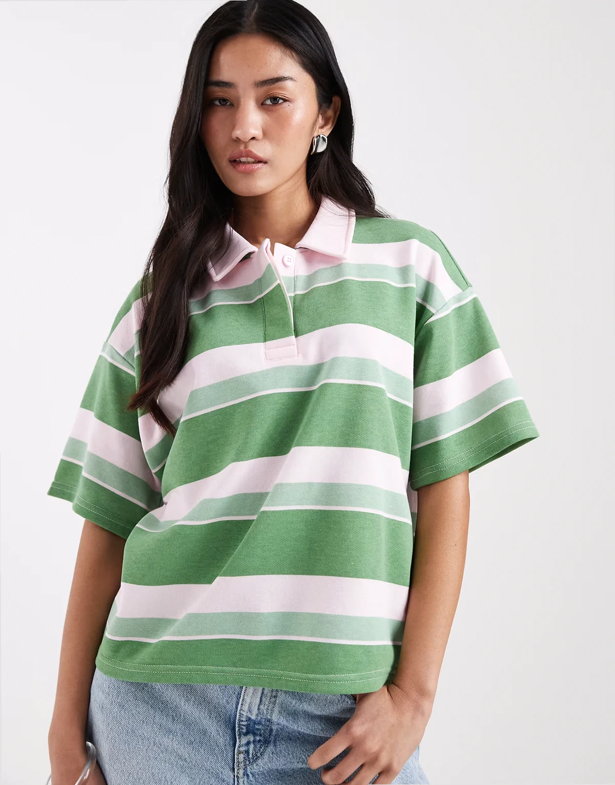 short sleeve polo sweatshirt in green and pink stripes