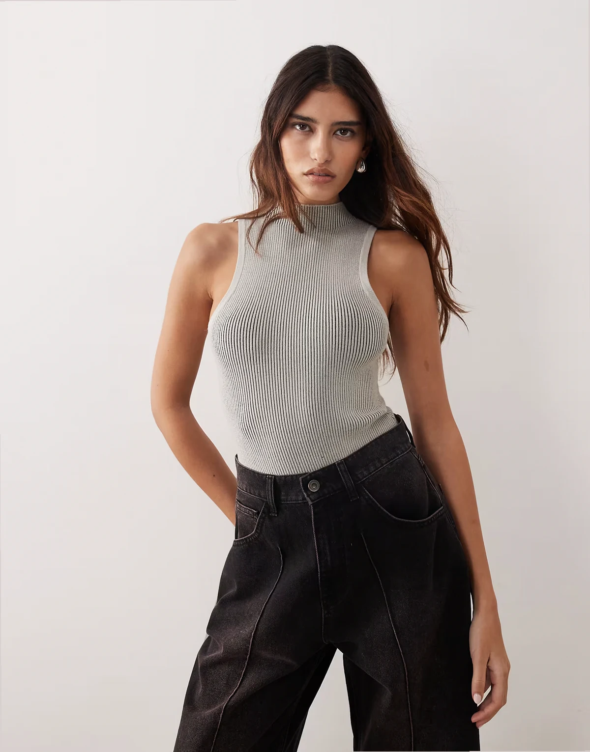 soft rib knit longline racer neck bodysuit in gray