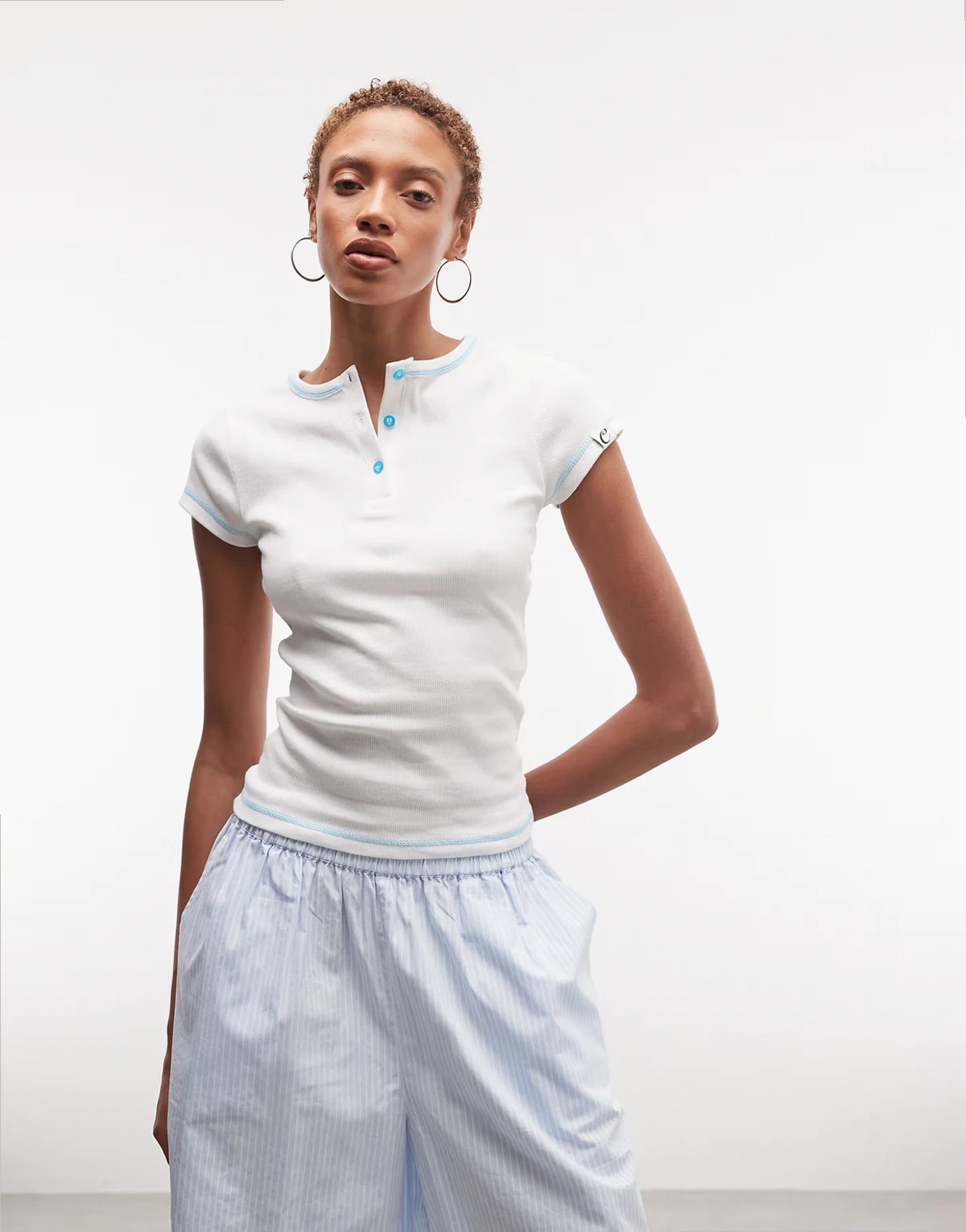 short sleeve henley neck t-shirt with contrast stitching in white