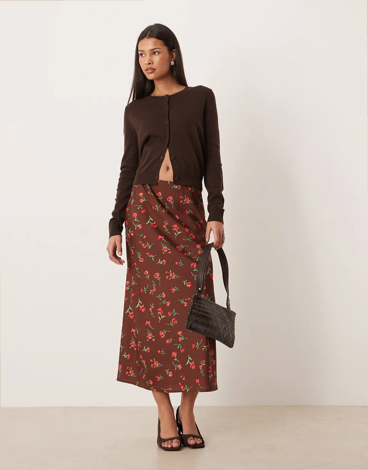 bias cut midaxi skirt in brown floral print
