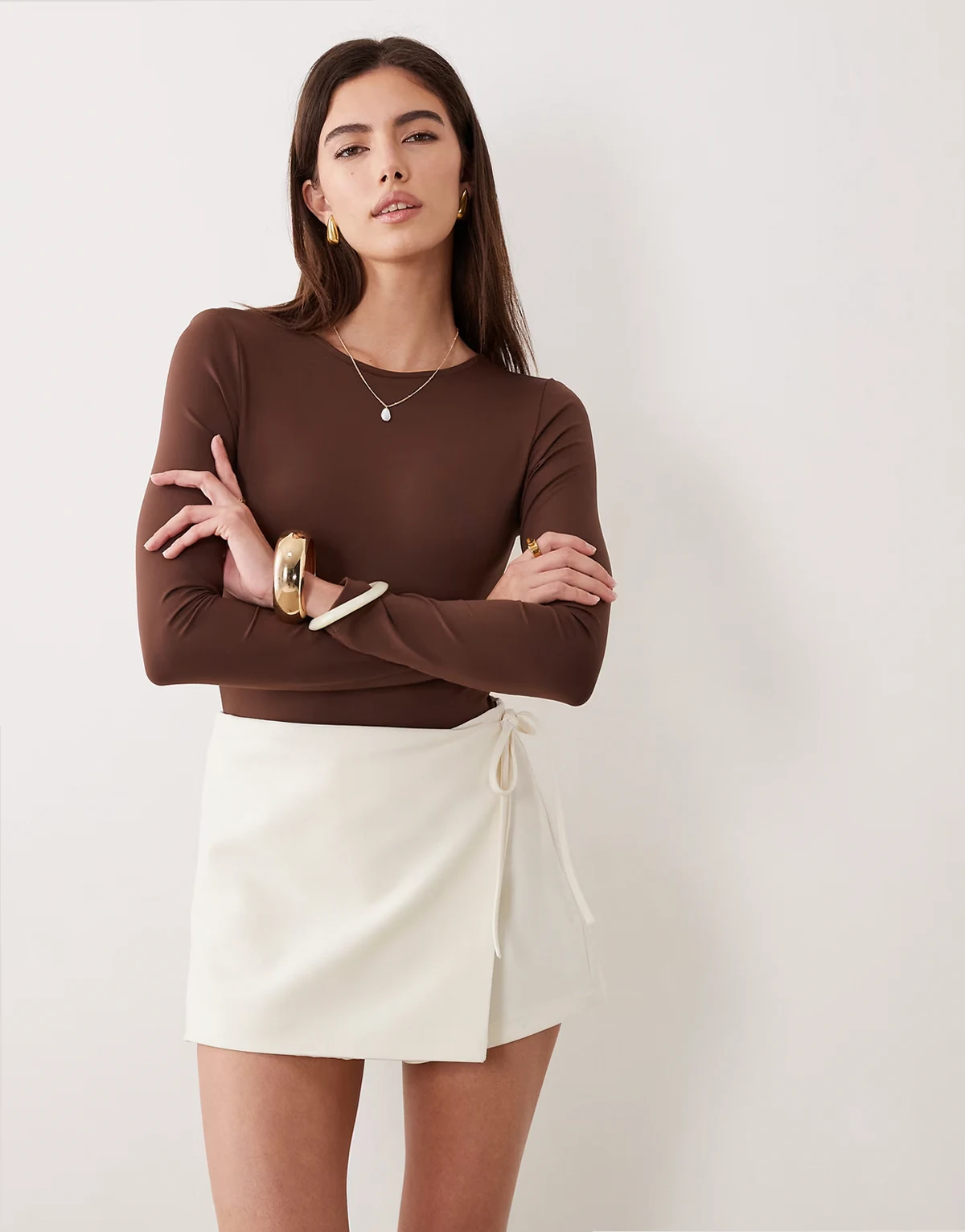 tailored wrap front skort in cream