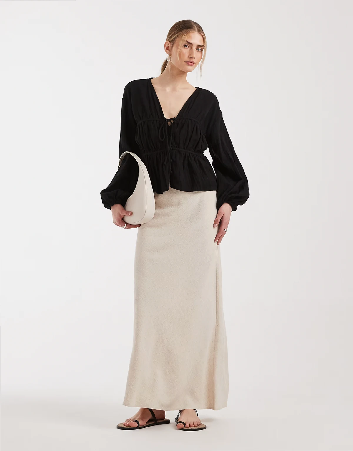 linen look bias cut midaxi skirt in stone