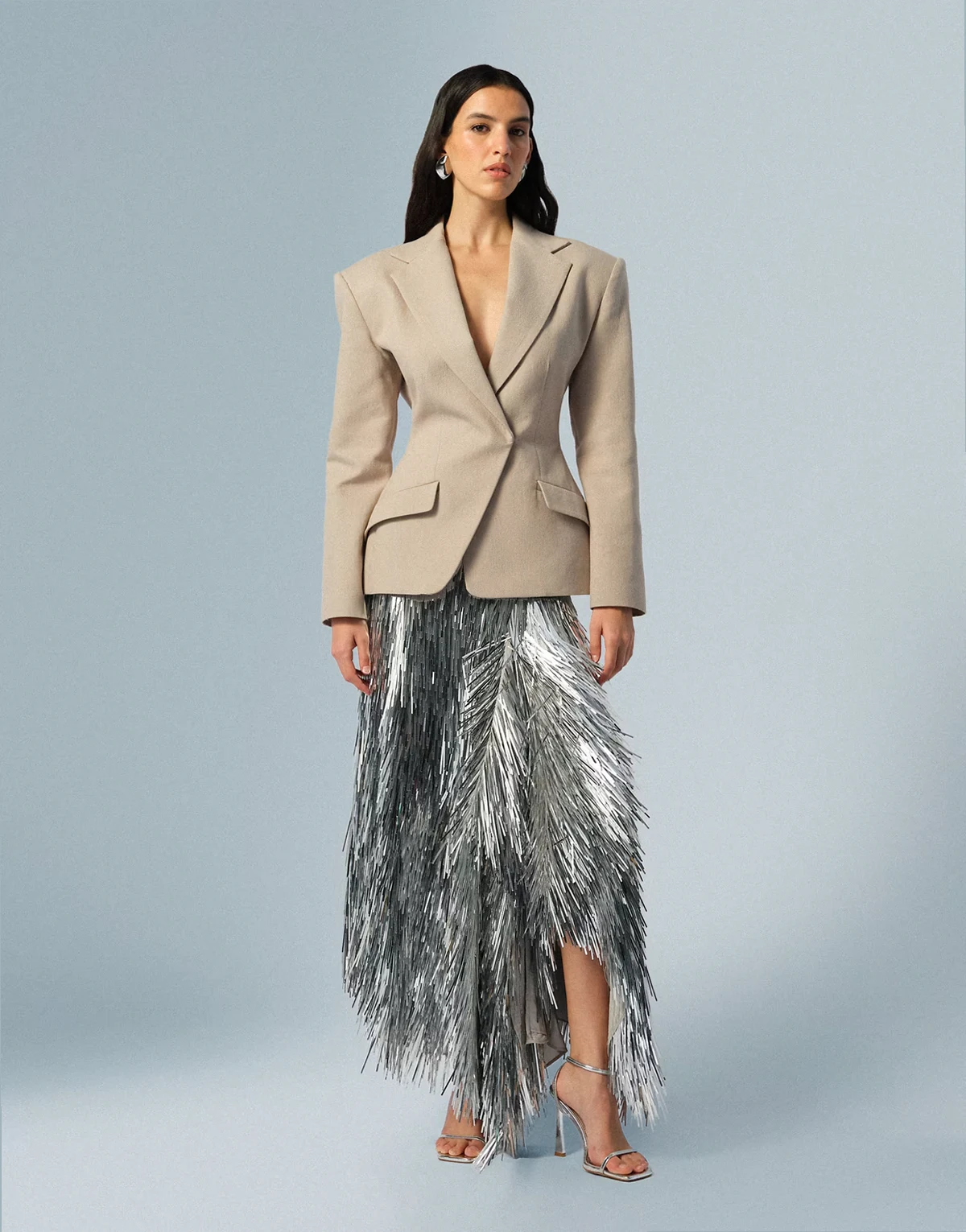 shard sequin maxi skirt in silver