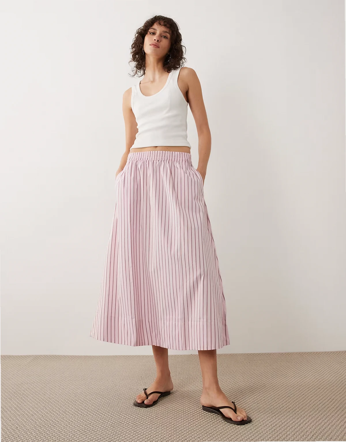 poplin midaxi skirt in pink & burgundy stripe