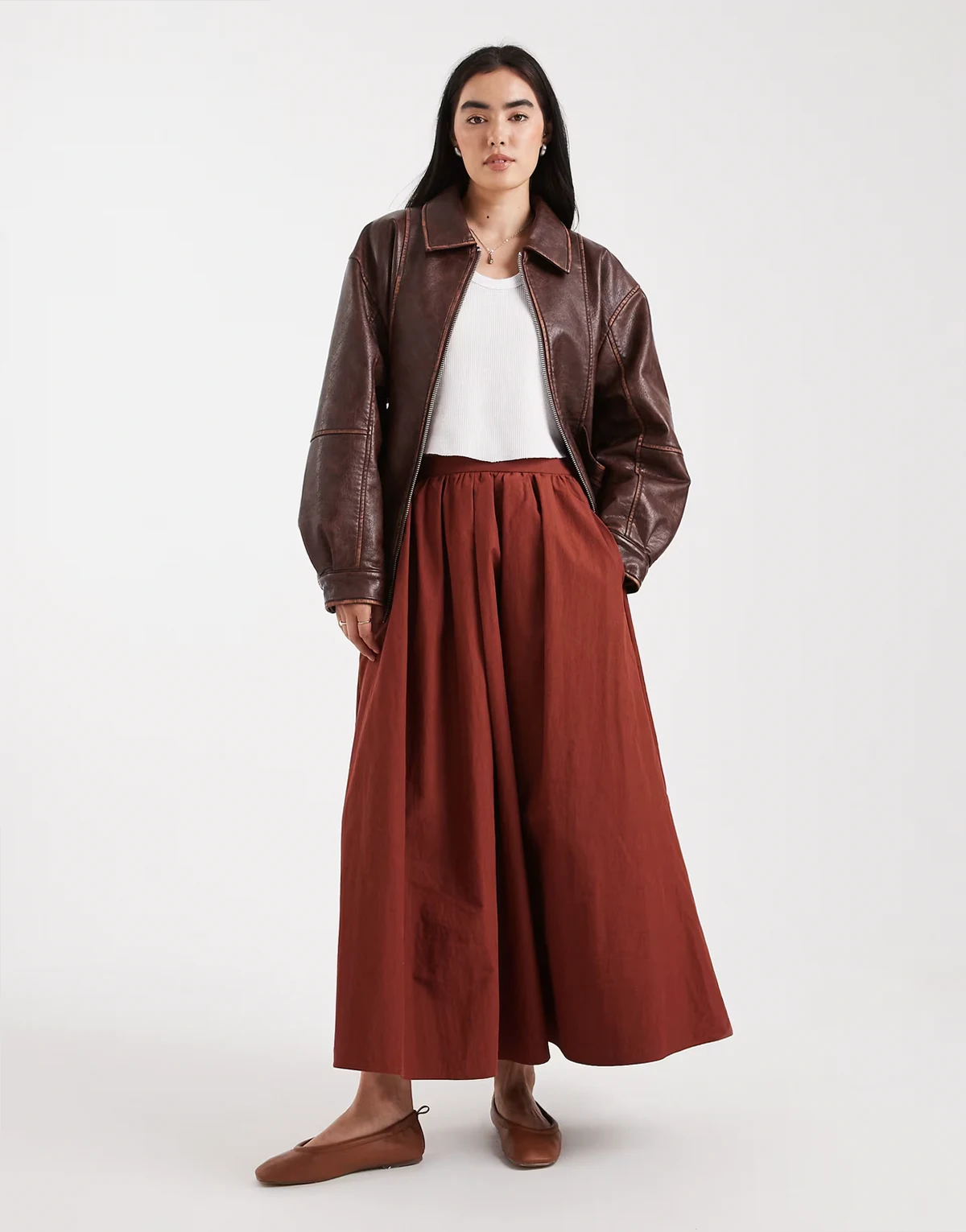 volume detail midi skirt in rust