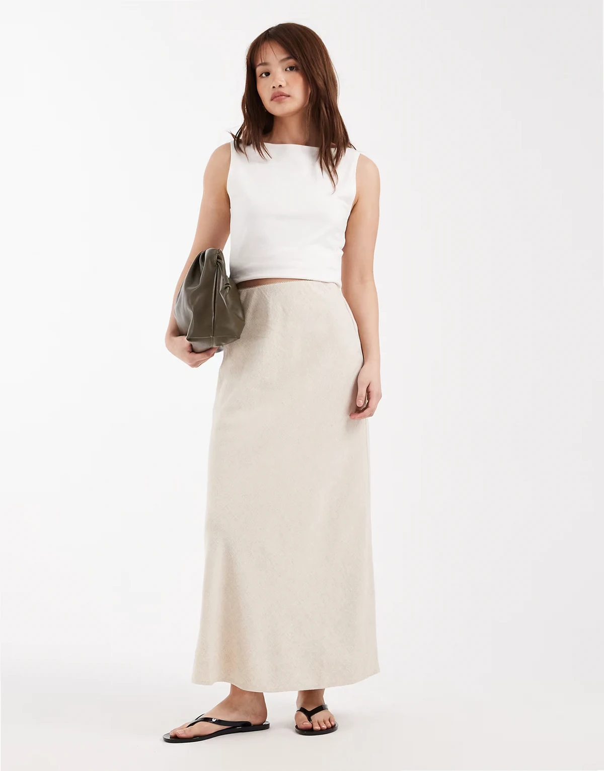 ASOS DESIGN Petite linen look bias cut midaxi skirt in stone