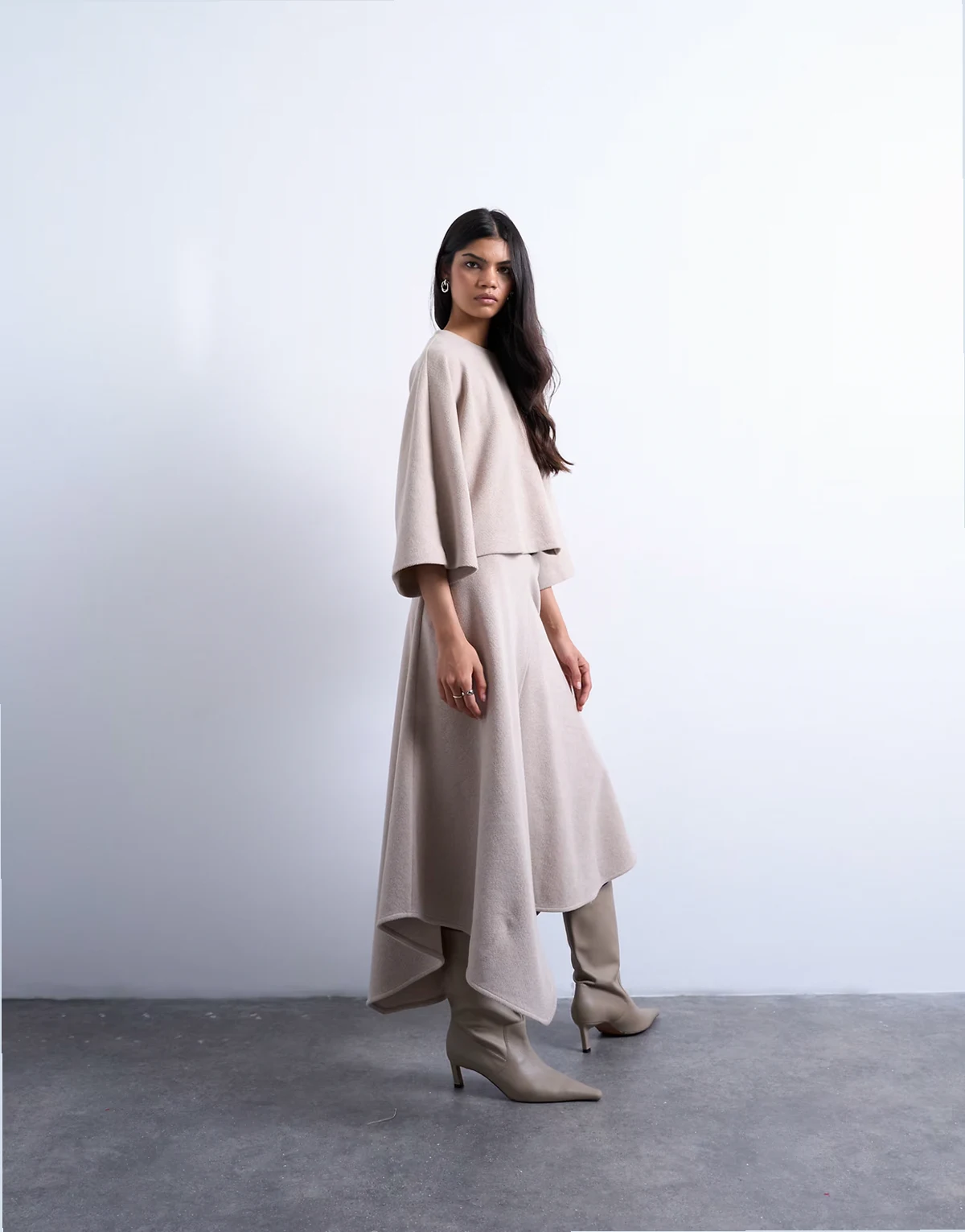 soft touch handkerchief hem asymmetric skirt in taupe - part of a set