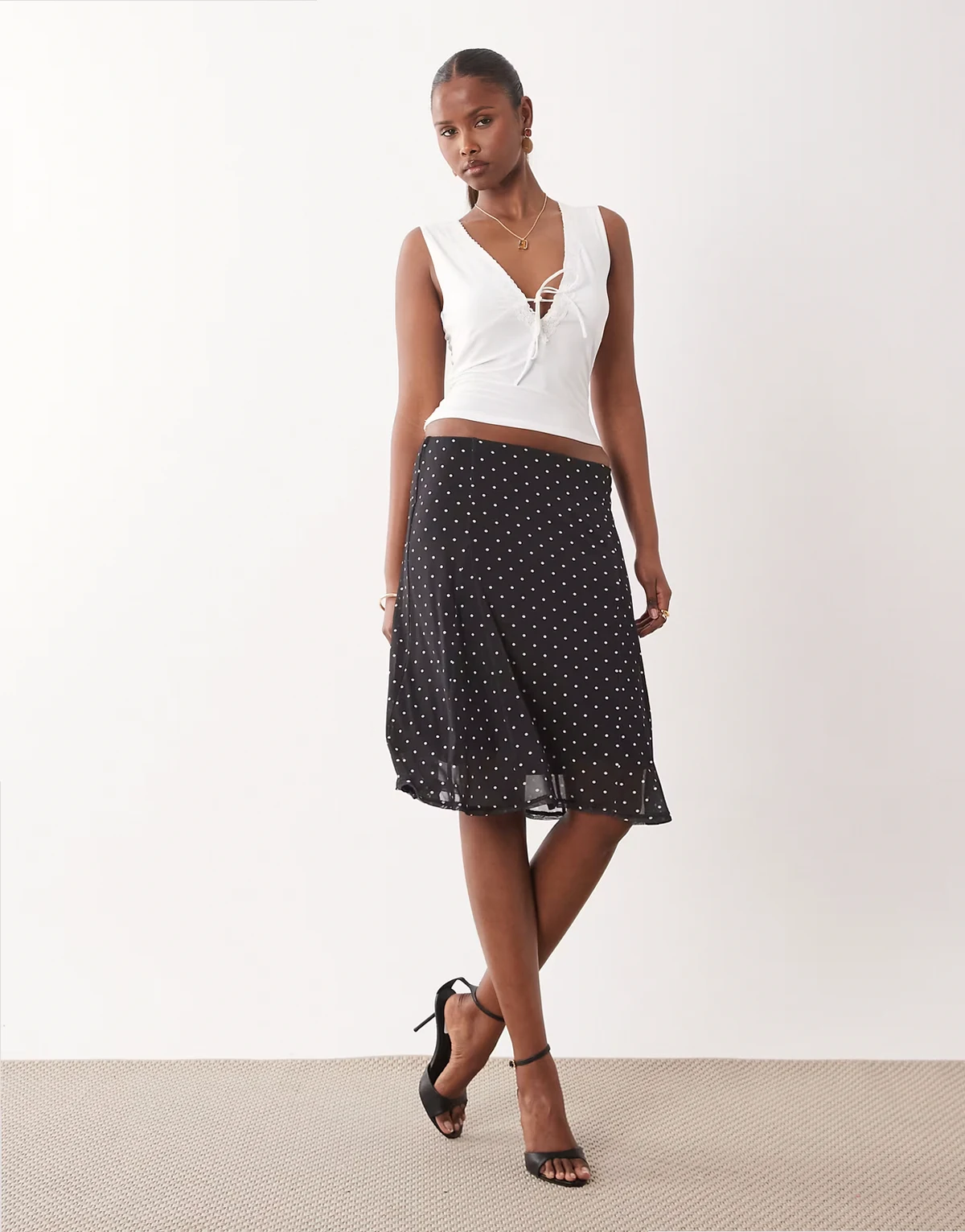 low rise mesh midi pencil skirt with godets in mono polka dot print - part of a set