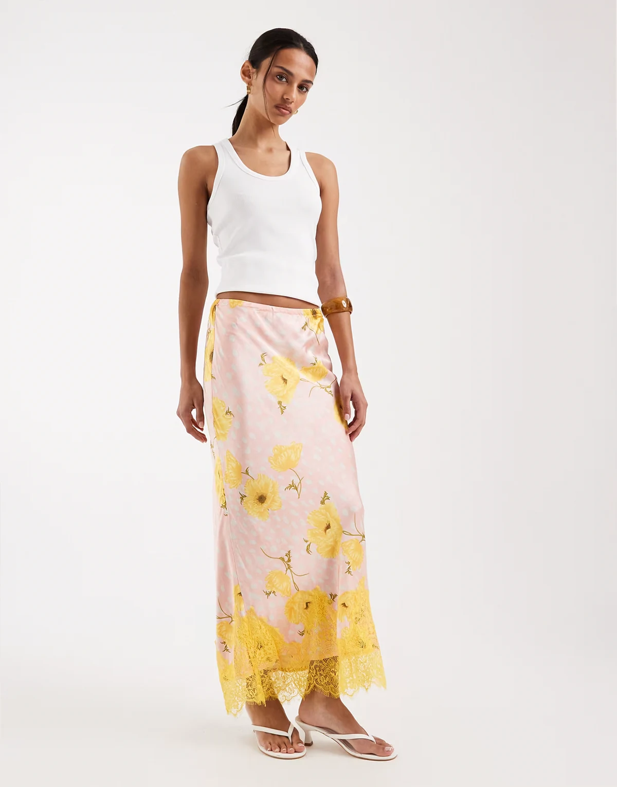 Maeva satin maxi skirt with lace trim hem in yellow poppy polka-dot print