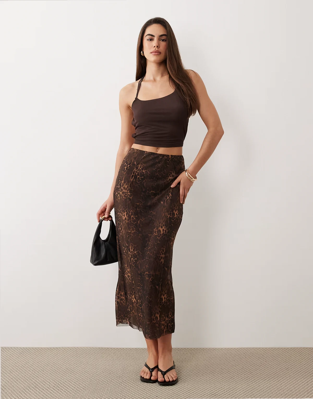 printed mesh maxi skirt with slit in leopard