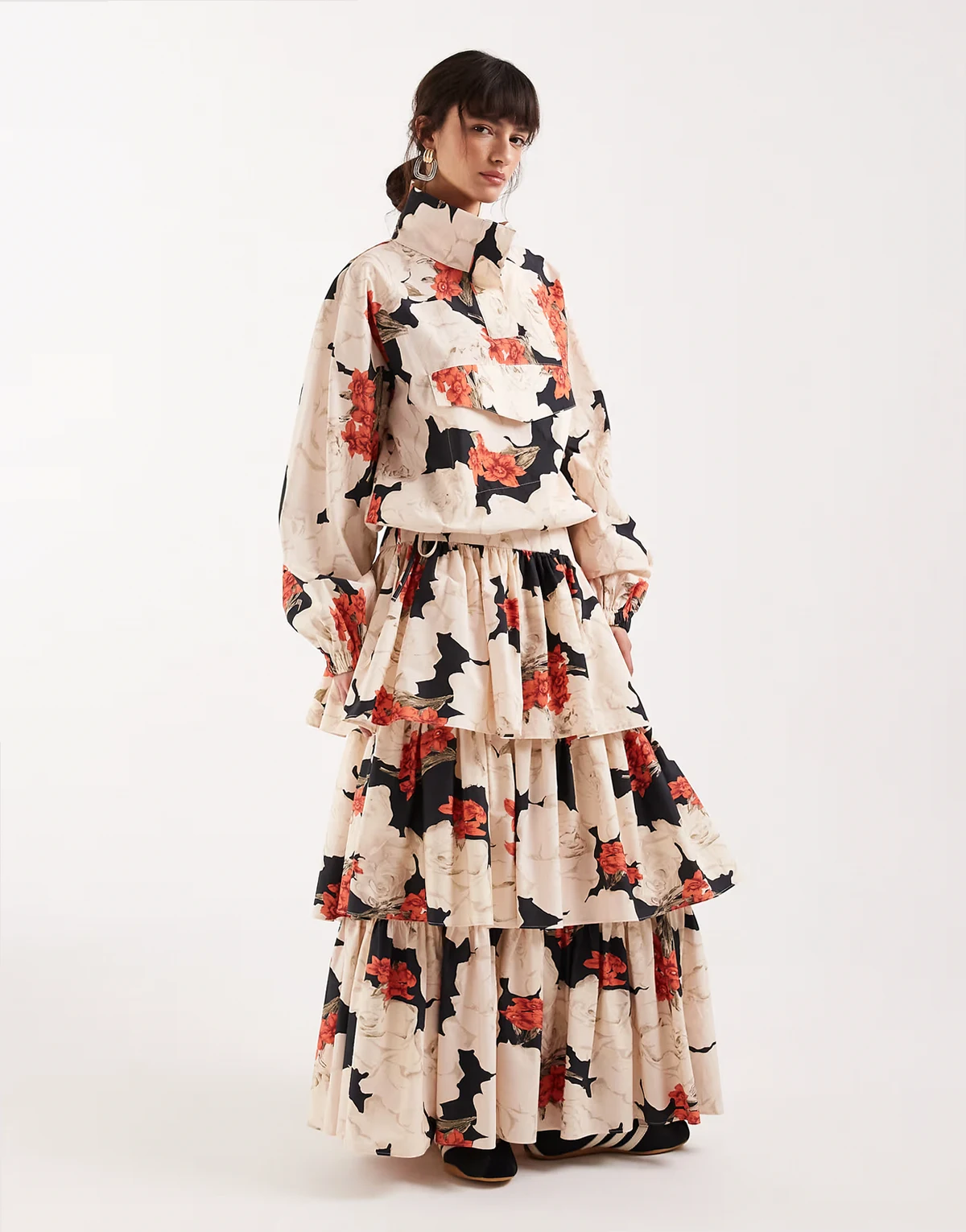 tiered dropped waist maxi skirt in red floral - part of a set