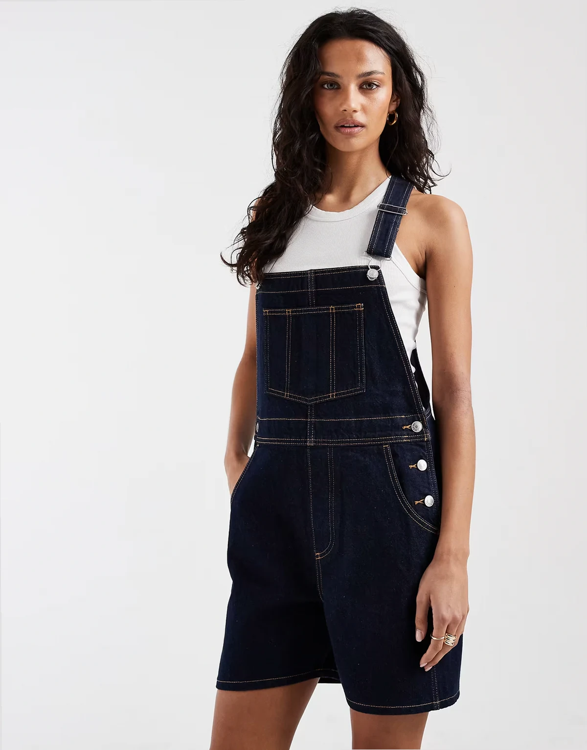 denim overall romper in rinse wash