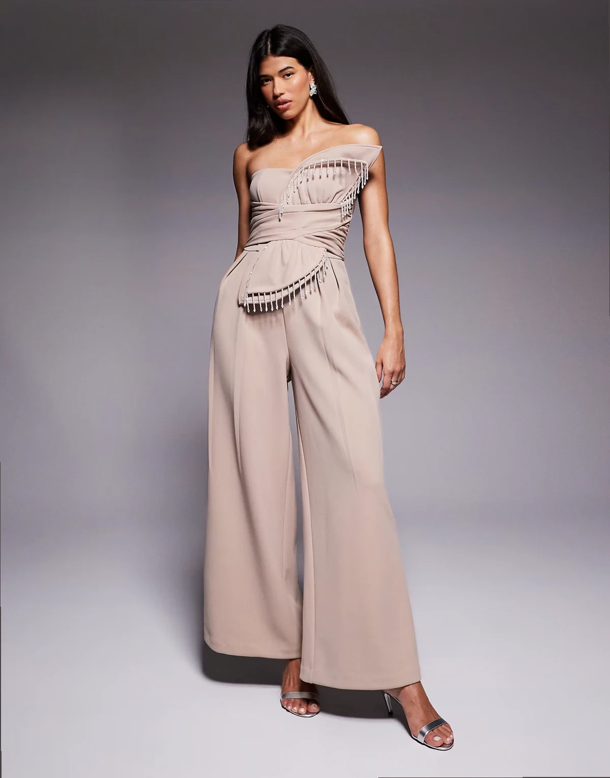 3D petal jumpsuit with drop bead detail in stone