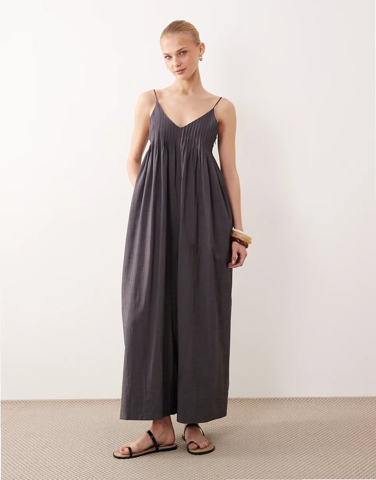 wide leg jumpsuit with pintuck detail in gray