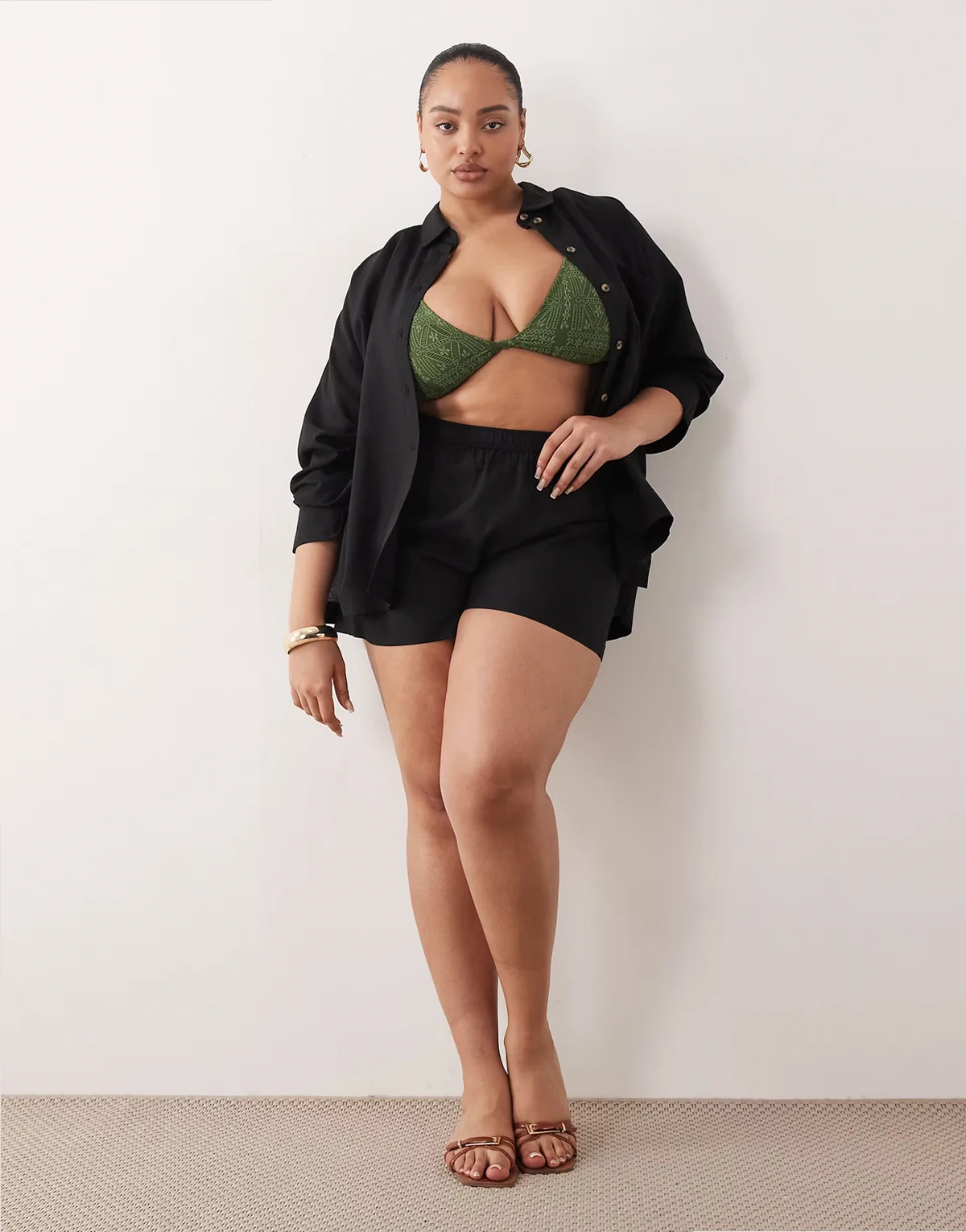 ASOS DESIGN Curve Ipanema sheer beach shorts with linen in black