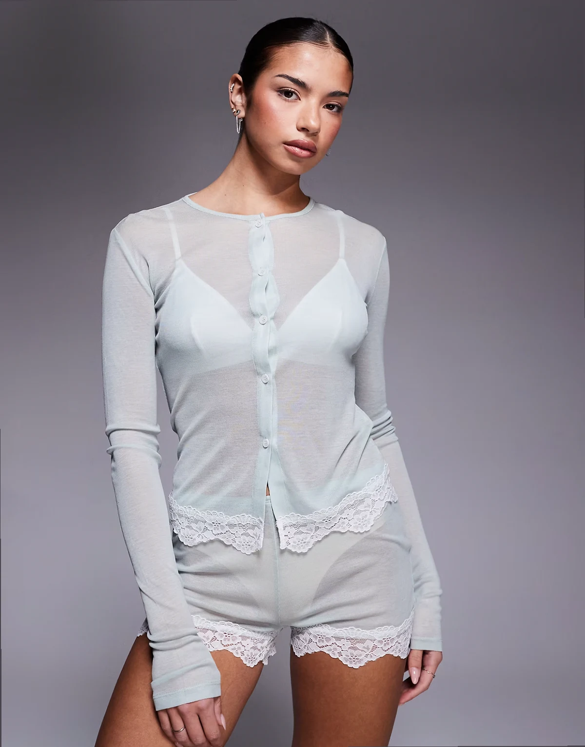 Honey semi sheer sleepwear shorts with lace trim in sage green