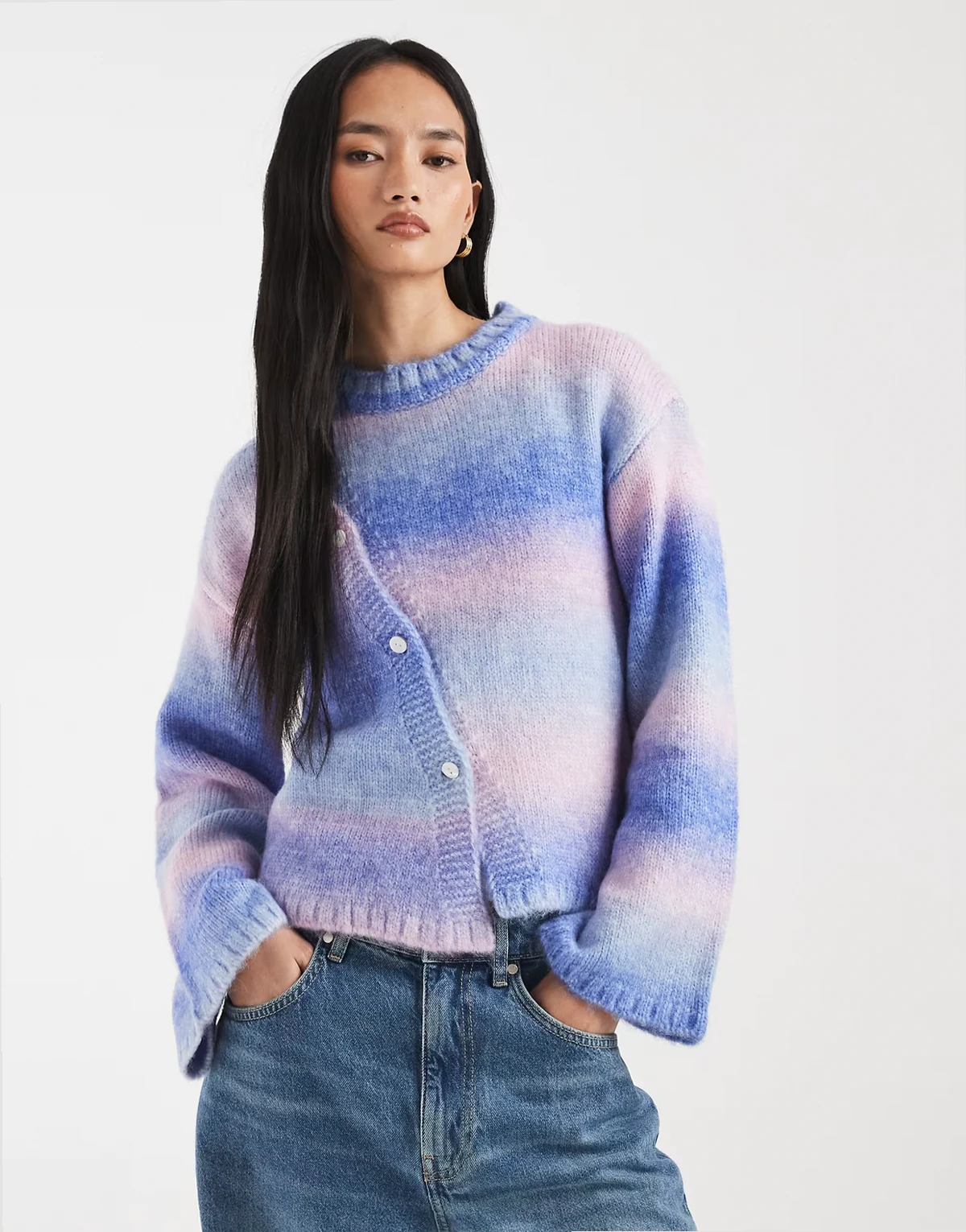 wool feel asymmetric button through flared sleeve cardigan in blue ombre