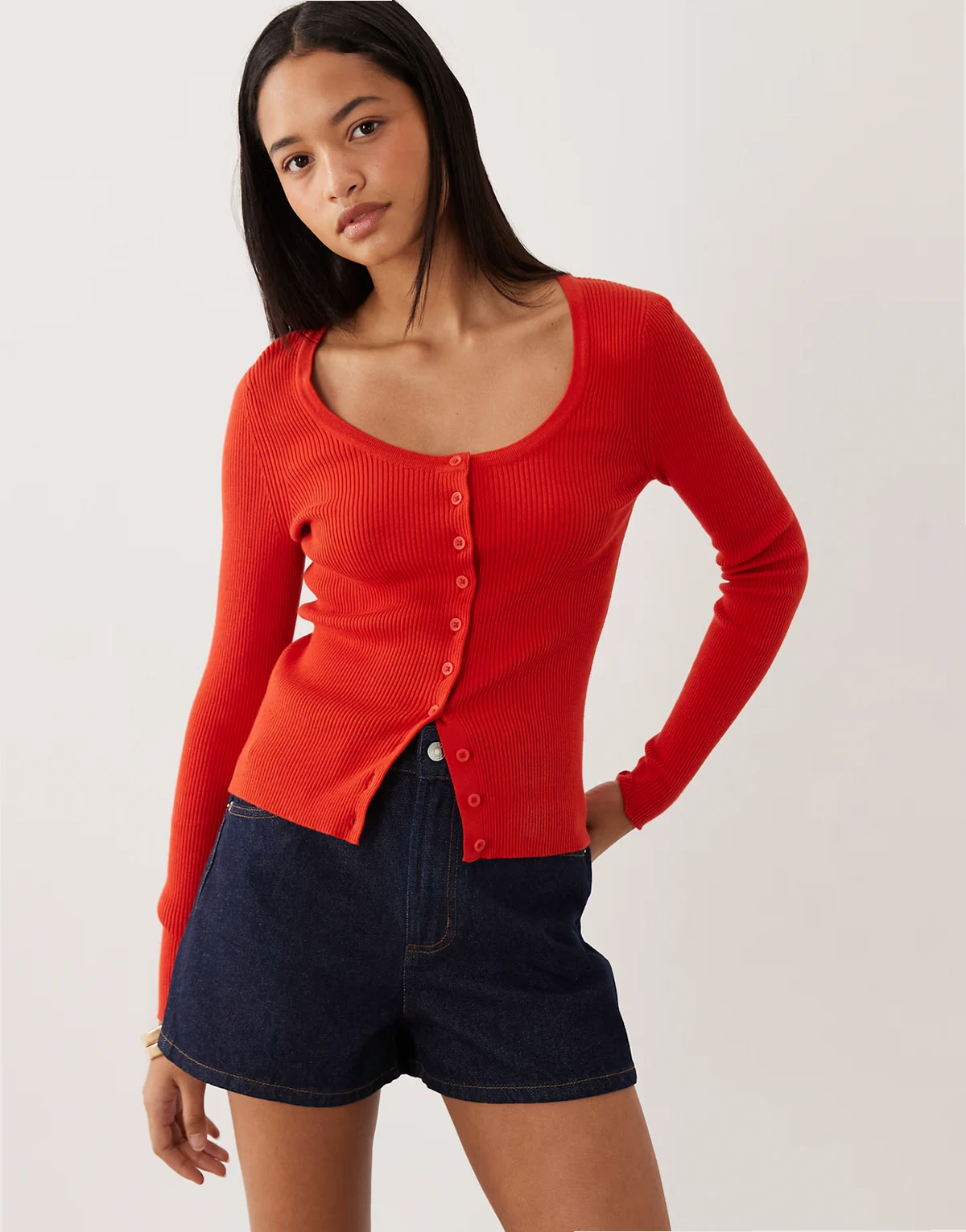 cotton blend u-scoop neck cardigan in red