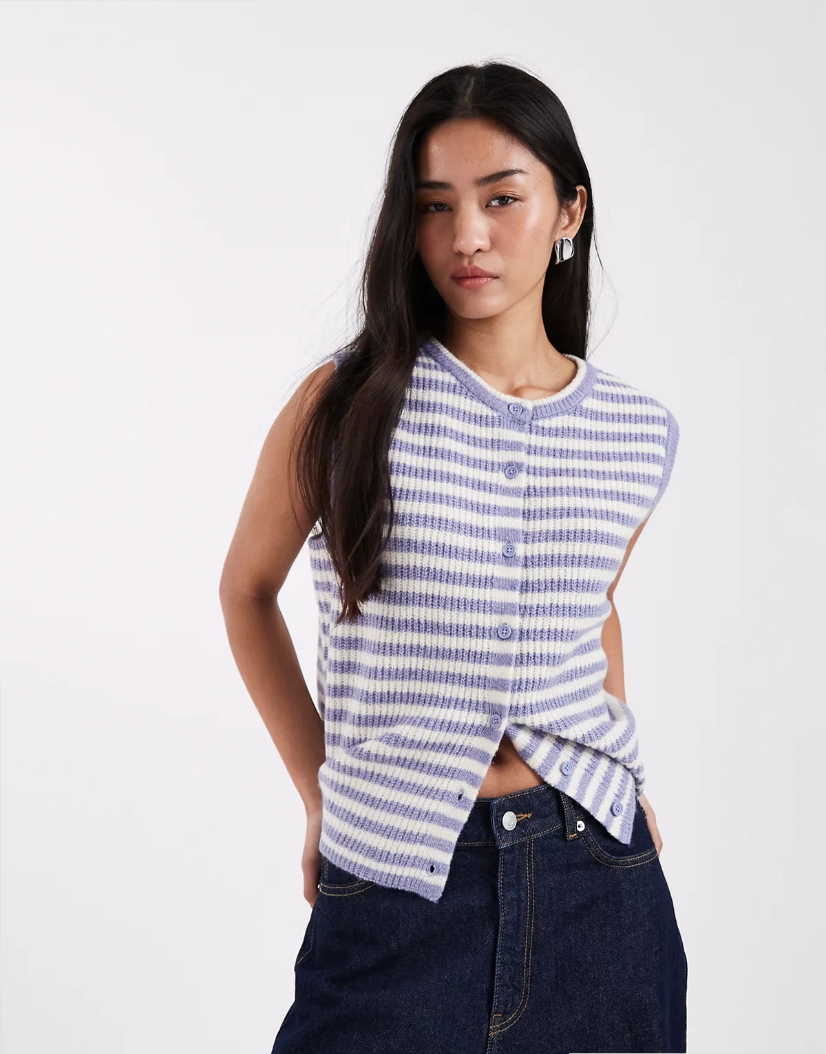 knit button front sweater vest in blue stripes
