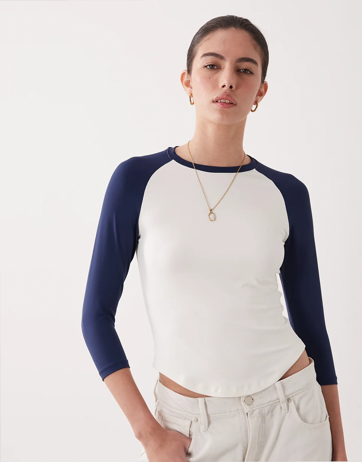– Baseball-T-Shirt aus Polyamid in Marineblau mit Dreiviertelärmeln
