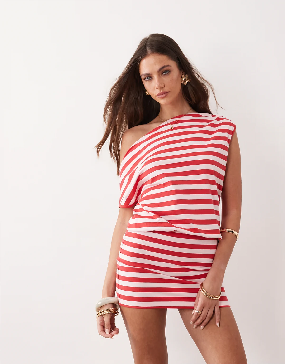 exclusive fitted skirt asymmetric shoulder mini dress in pink & red stripe