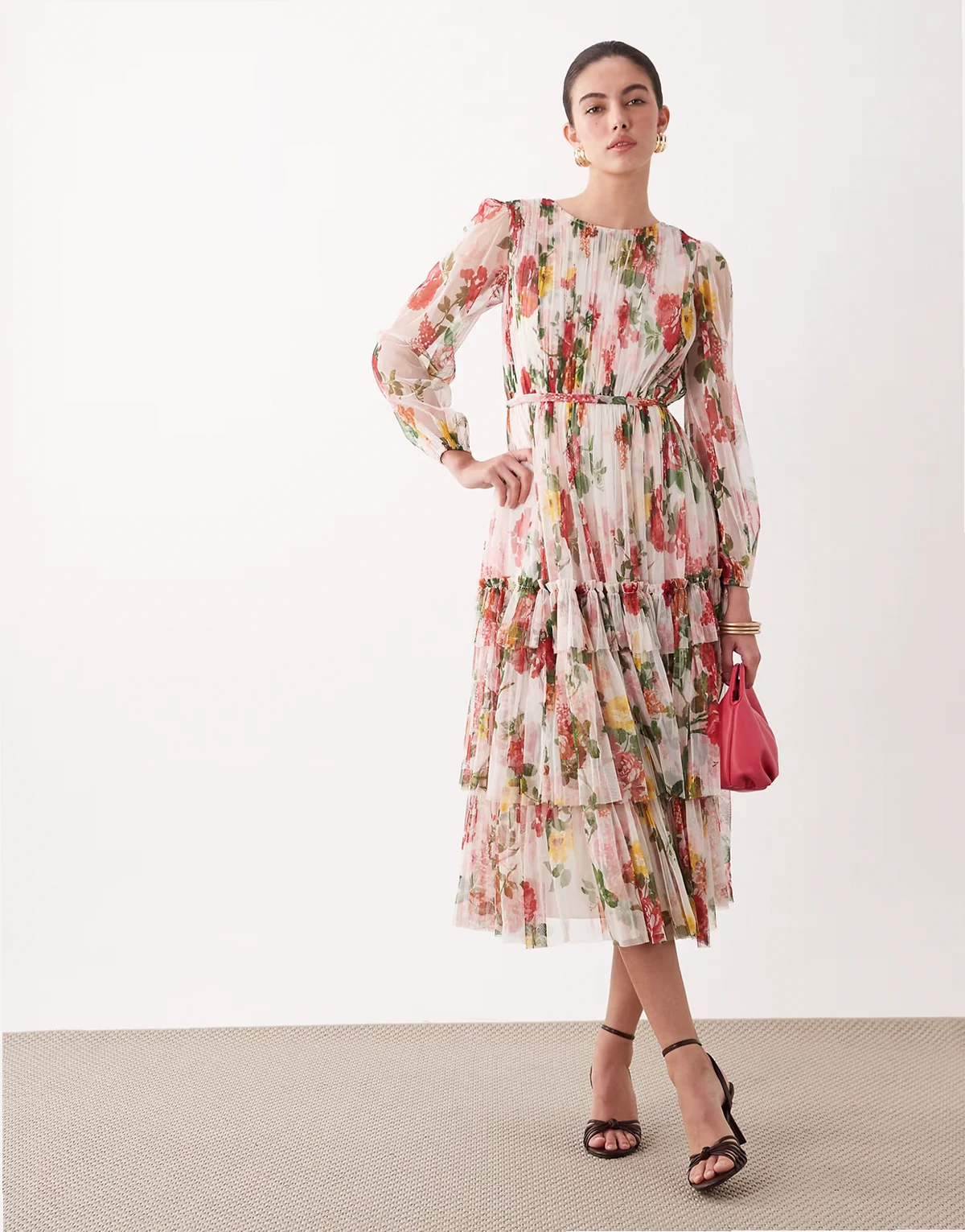 crew neck tiered midi dress in rose floral print