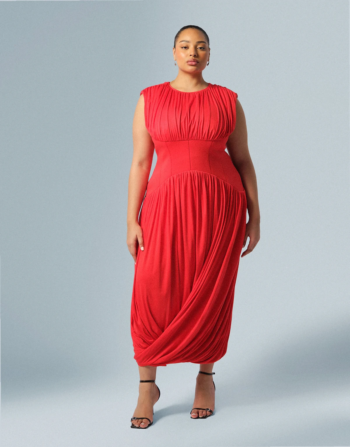 Curve gathered drape maxi dress with cinched waist in red