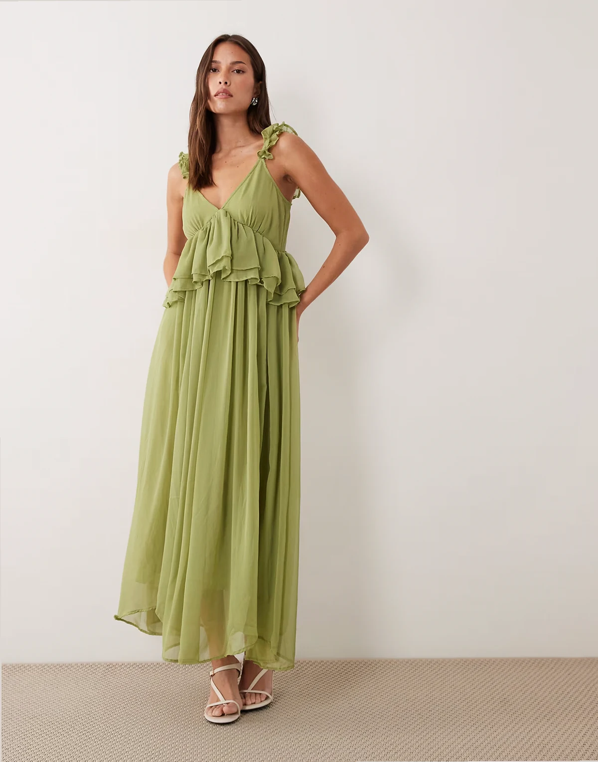 ruffle strap chiffon maxi dress in deep sage