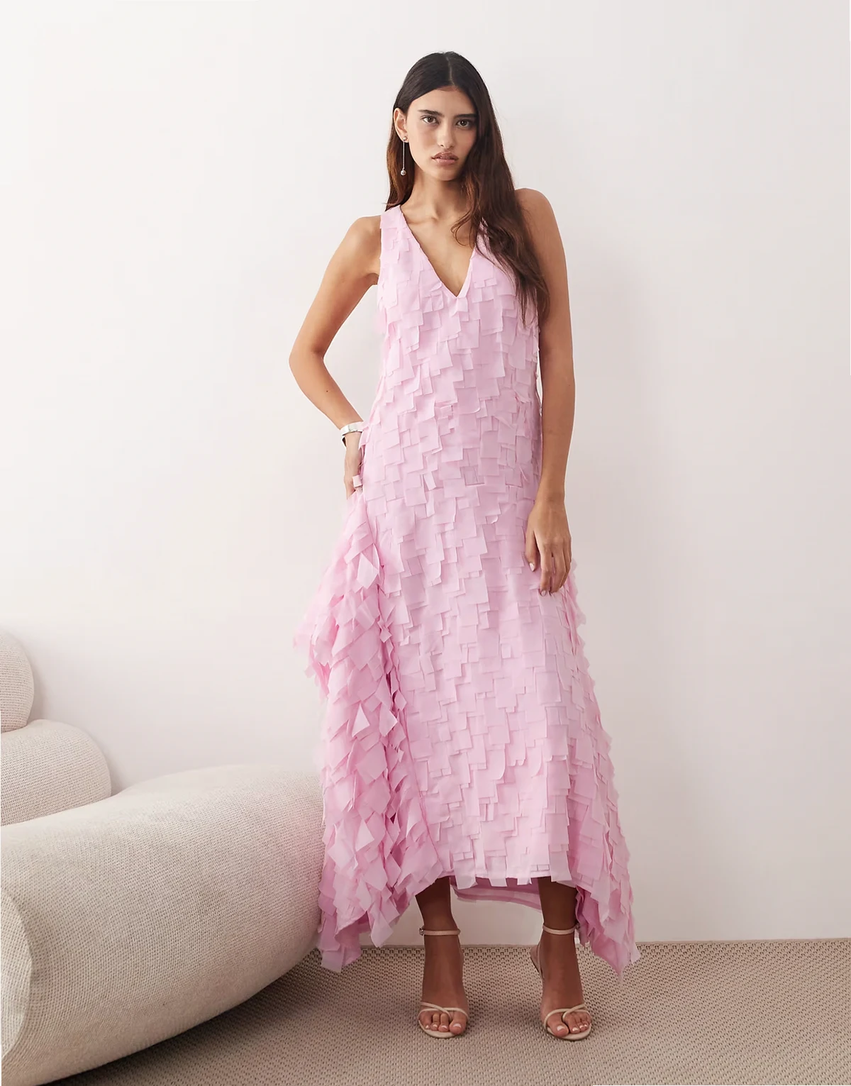textured square cut sequins maxi dress in pink