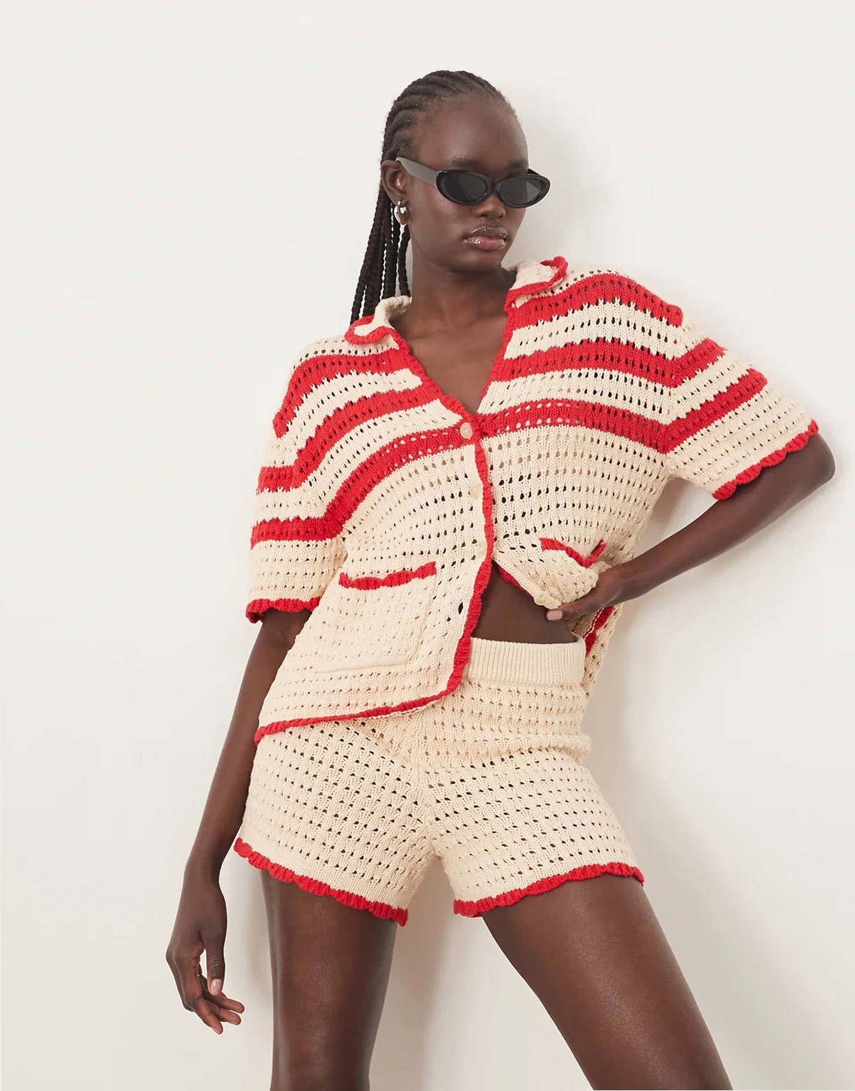 knit contrast stripe shorts in cream and red - part of a set