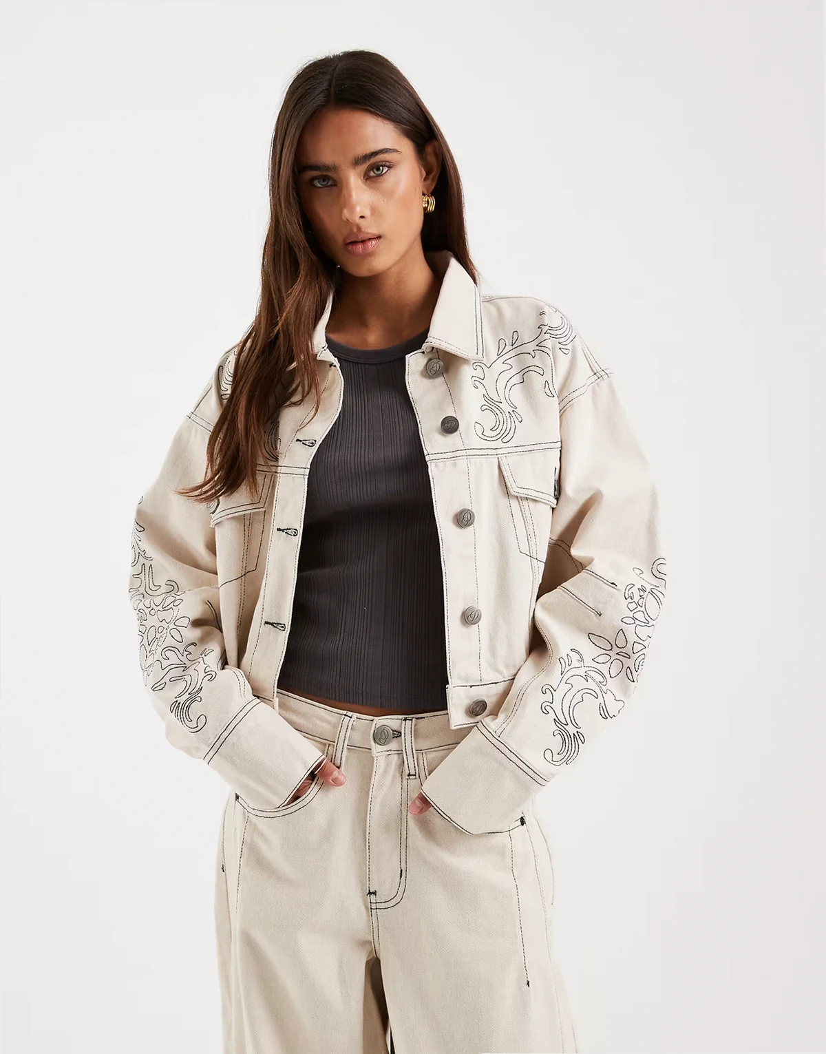 volume sleeve curved hem denim jacket with embroidery in cream - part of a set