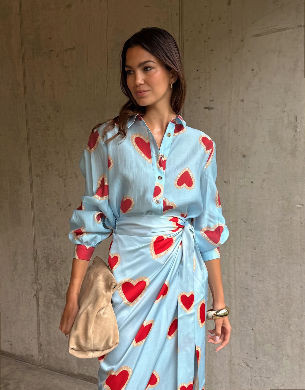 semi sheer balloon sleeve shirt in baby blue heart print