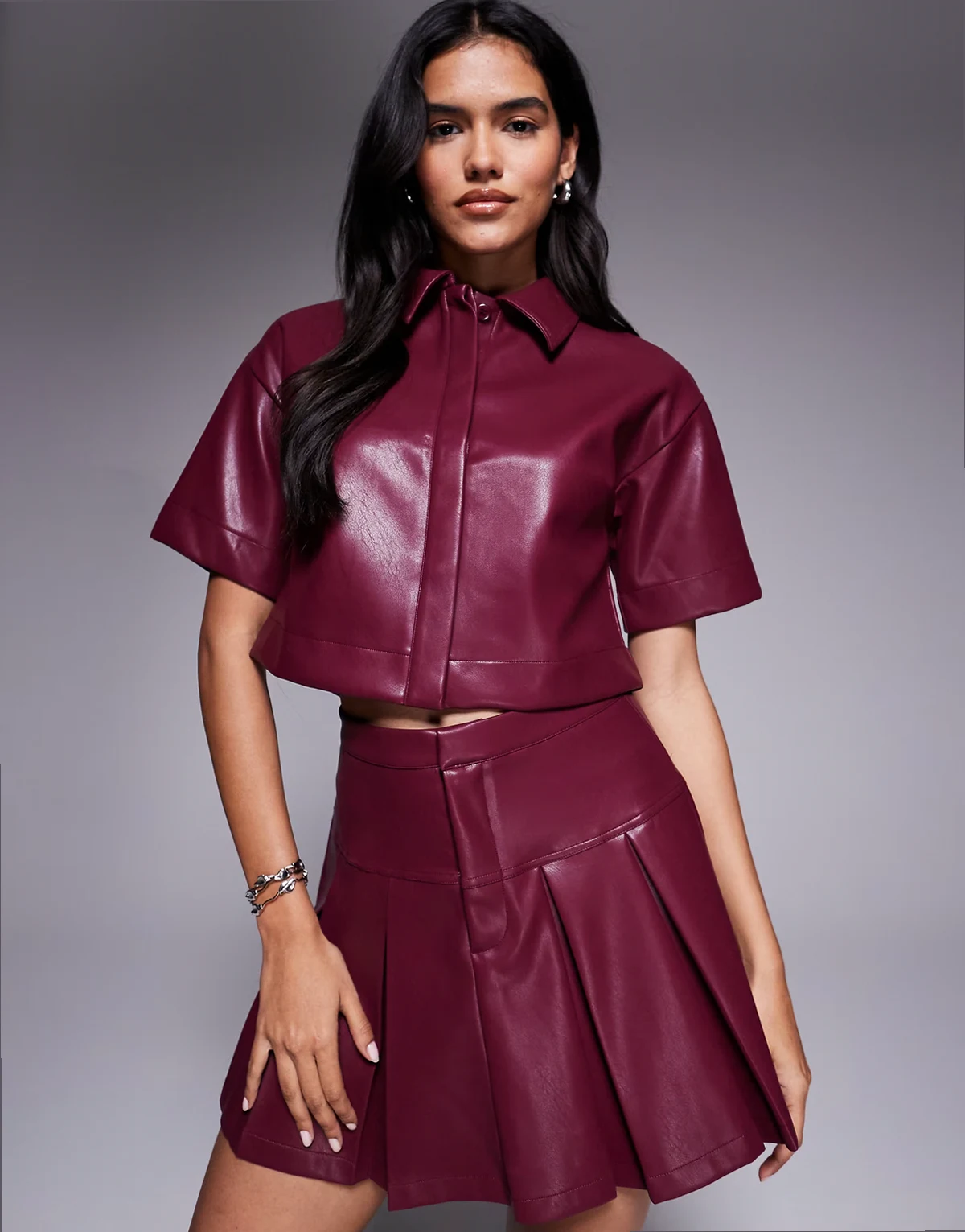 leather look boxy shirt in burgundy - part of a set