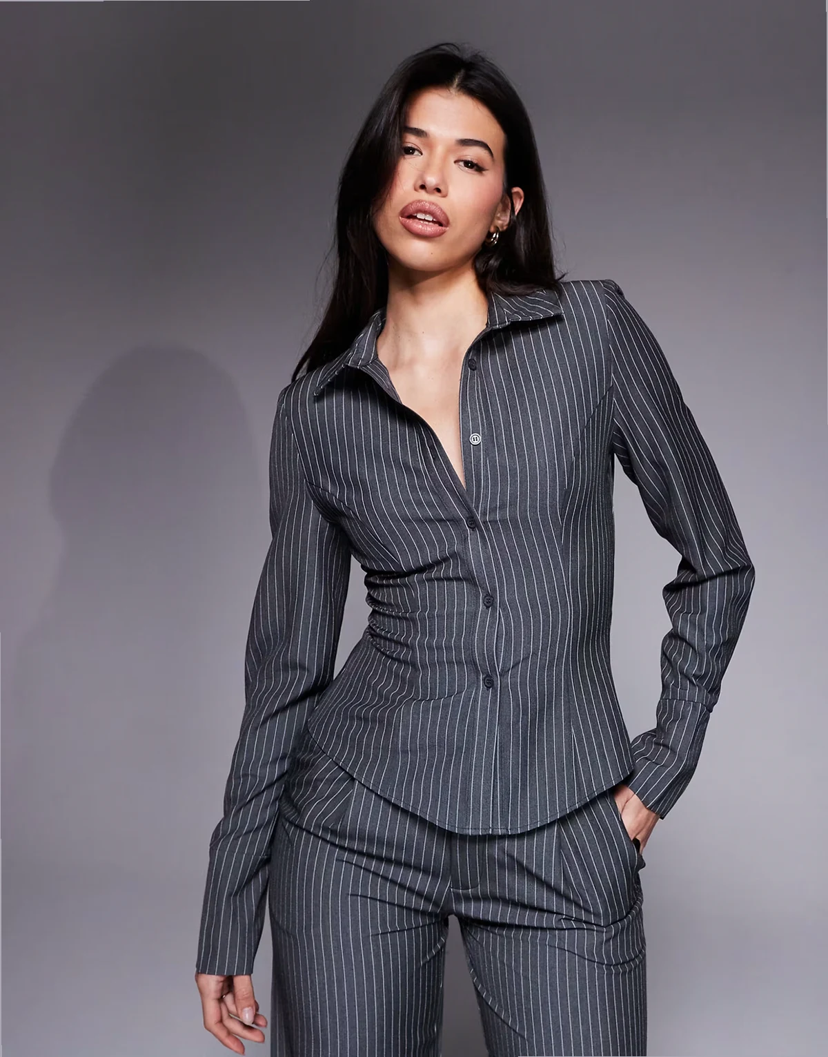 exclusive button front fitted shirt in charcoal pinstripe - part of a set