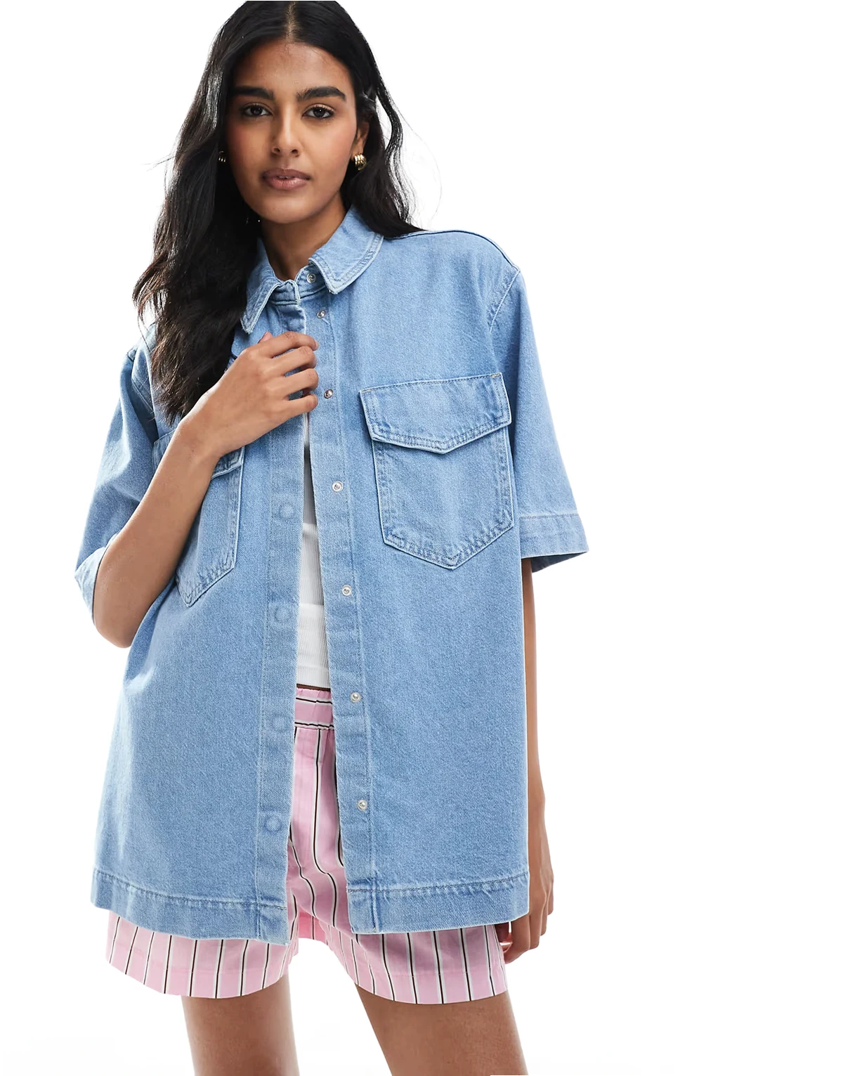 short sleeve oversized shirt with front pocket detail in light blue