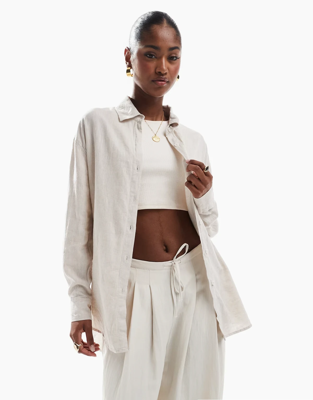 Haven long sleeve linen blend shirt in beige