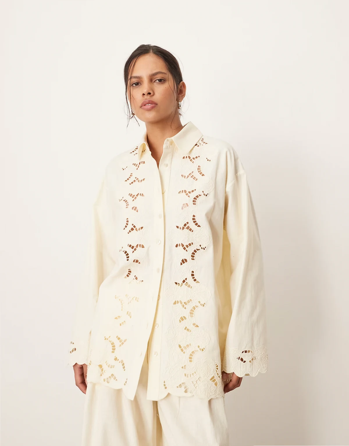 embroidered cutwork shirt in ecru - part of a set