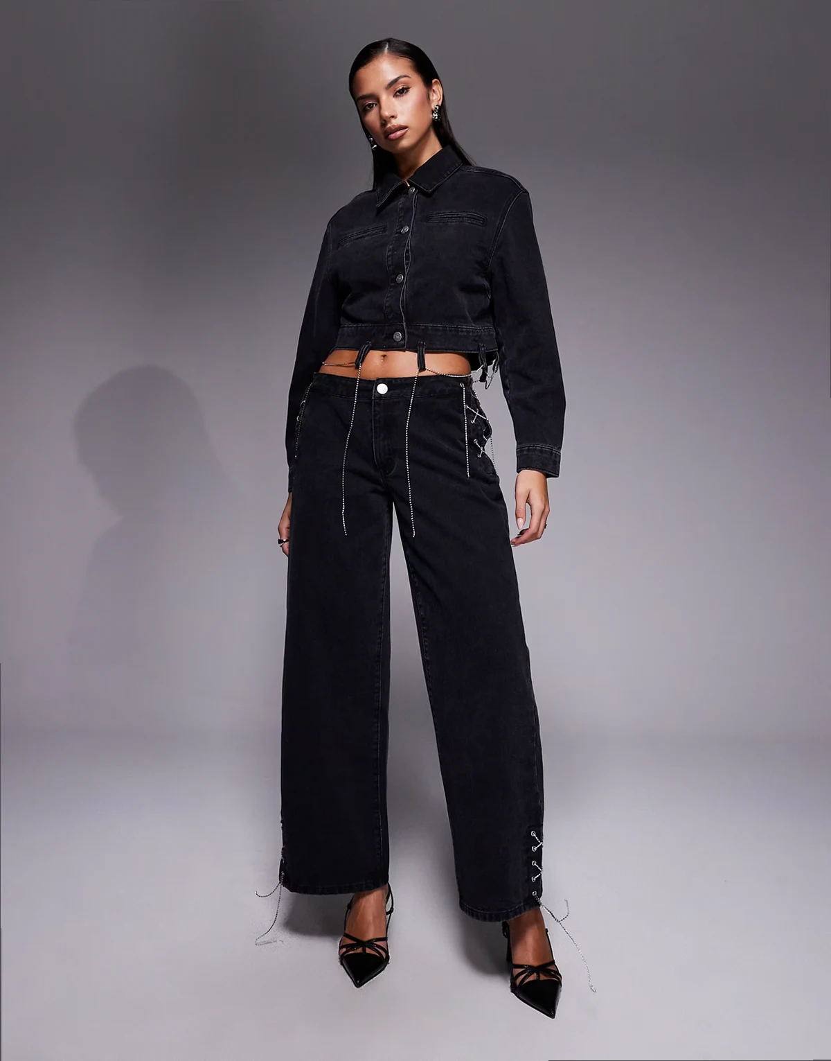 baggy chain detail jeans in black - part of a set