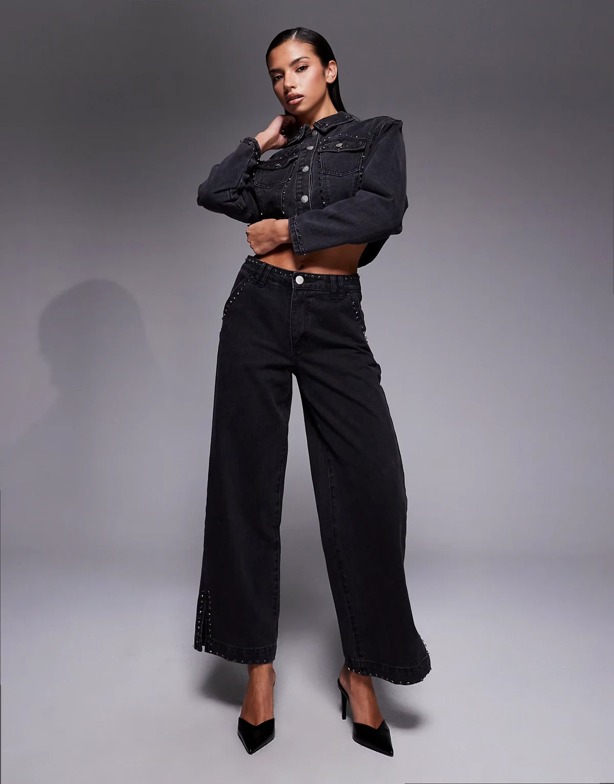 mid rise straight jeans with diamante seam detail in washed black - part of a set