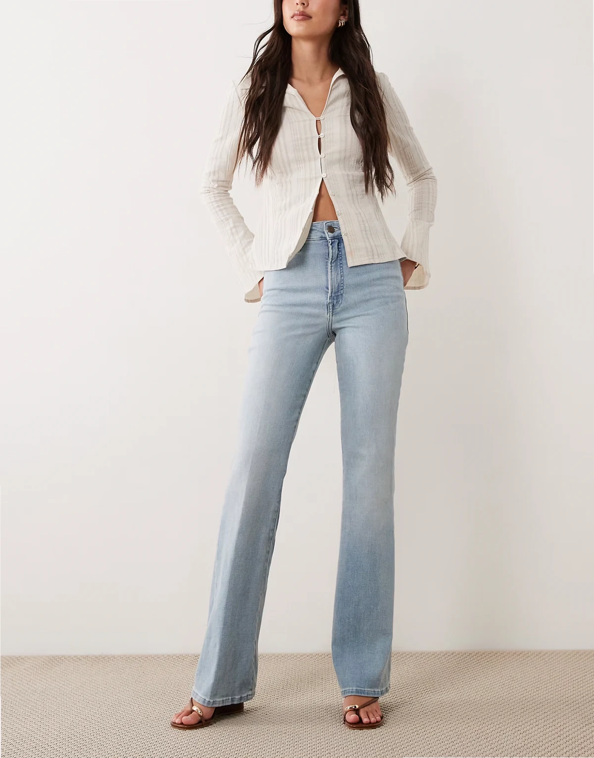 high rise soft tech good classic bootcut jeans in light blue wash