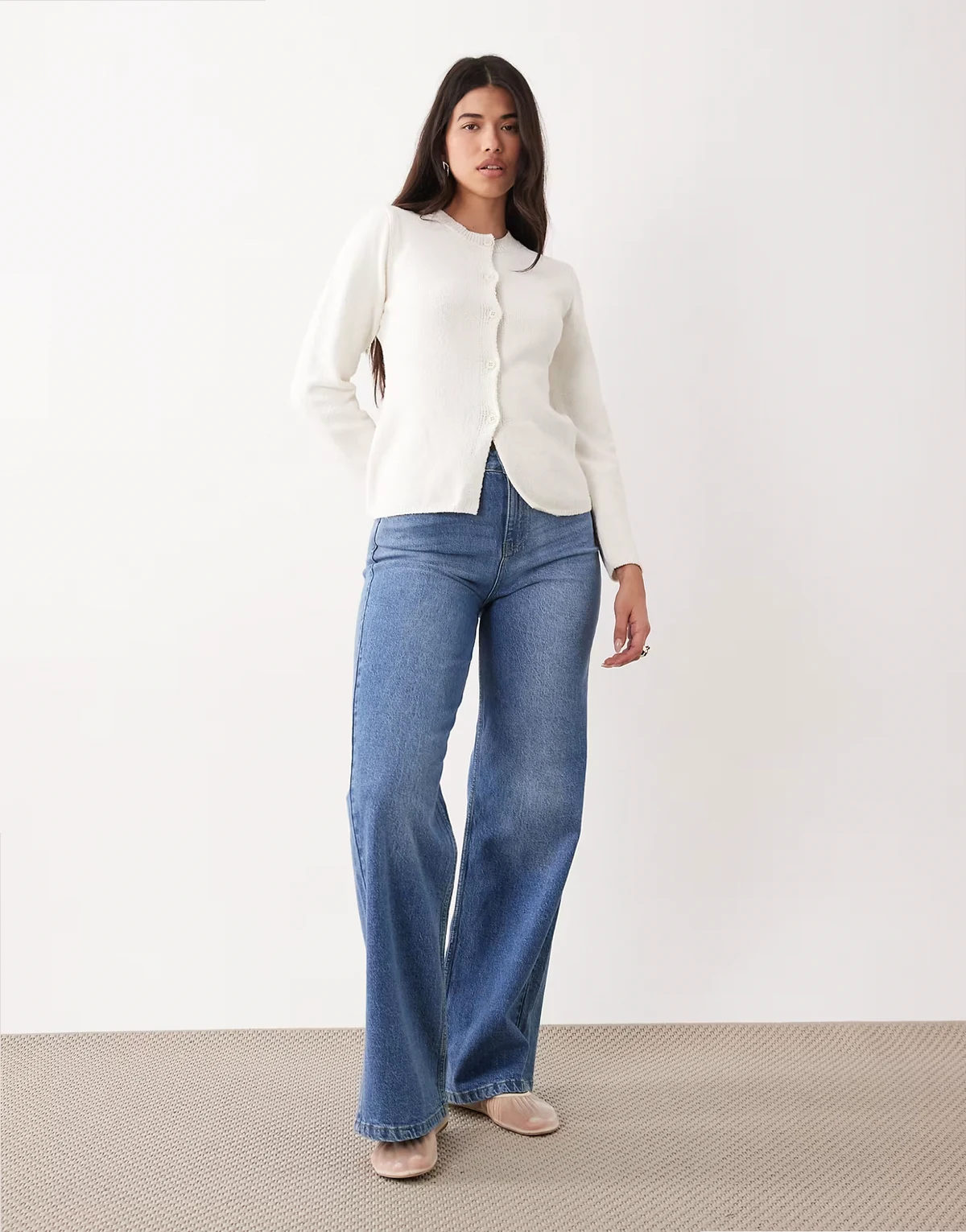 bouclé knit cinched cardigan in ecru