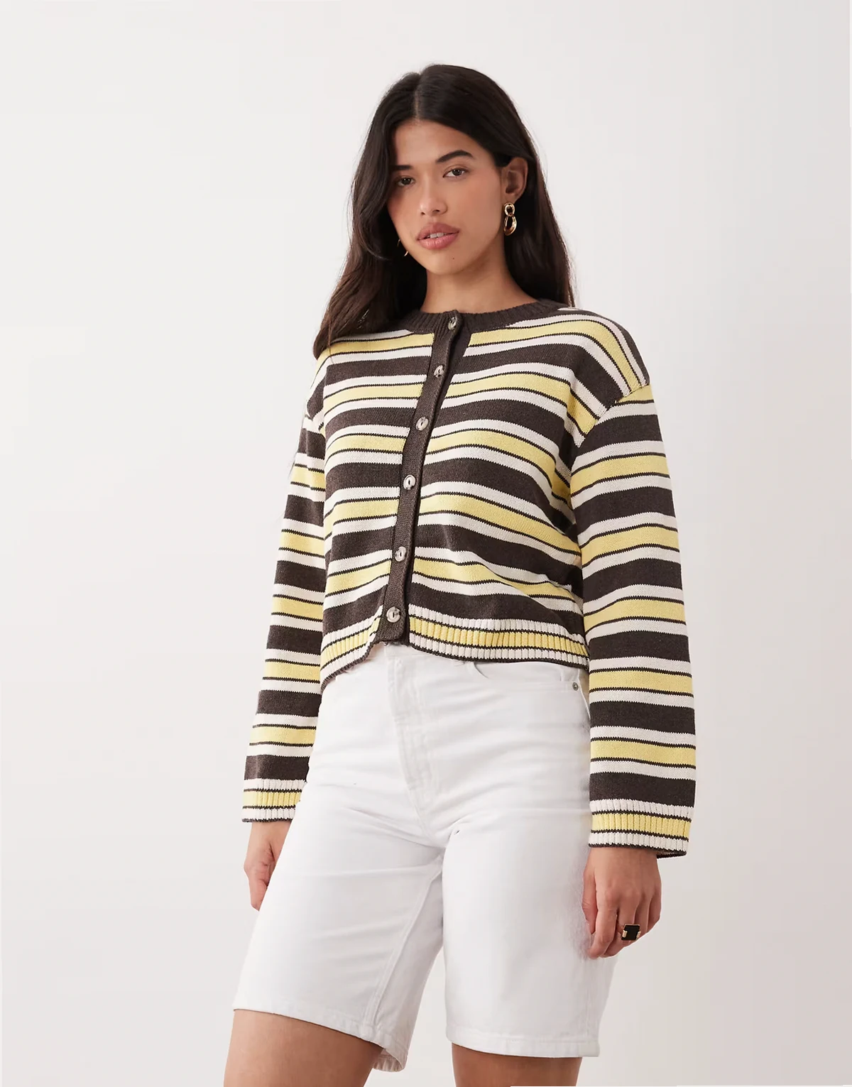 fluffy knit boxy fit cardigan in buttermilk and brown
