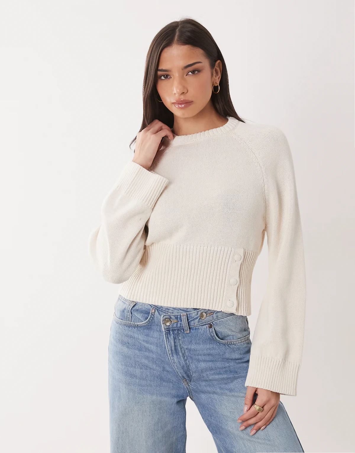 knit cinched button up sweater in ecru