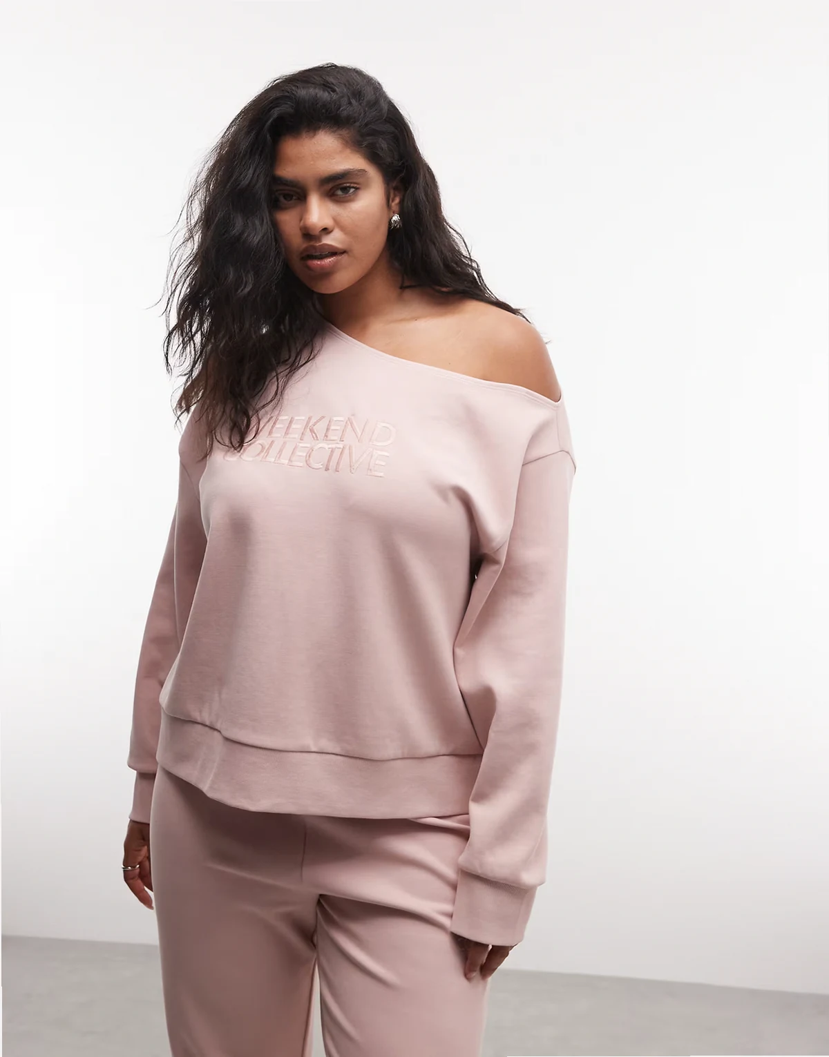 Weekend Collective Curve interlock off shoulder sweatshirt in dusky pink - part of a set