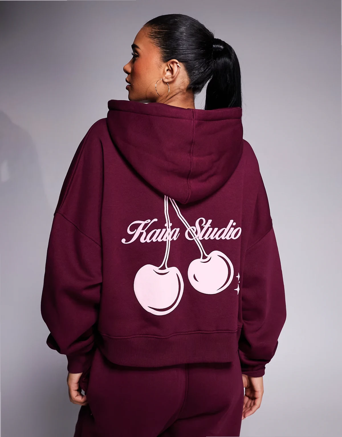cotton rich Studio cherry back graphic oversized zip up hoodie in burgundy and pink - part of a set