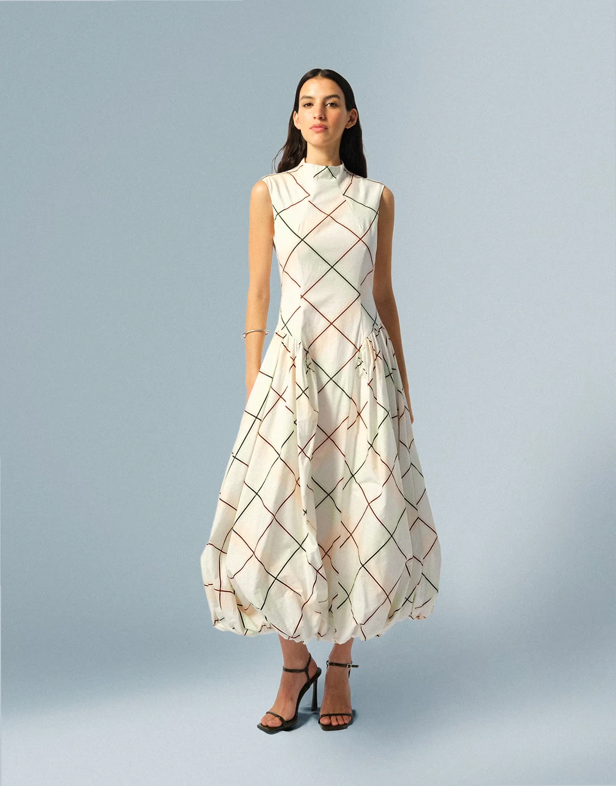 sleeveless bubble hem midi dress in soft check print
