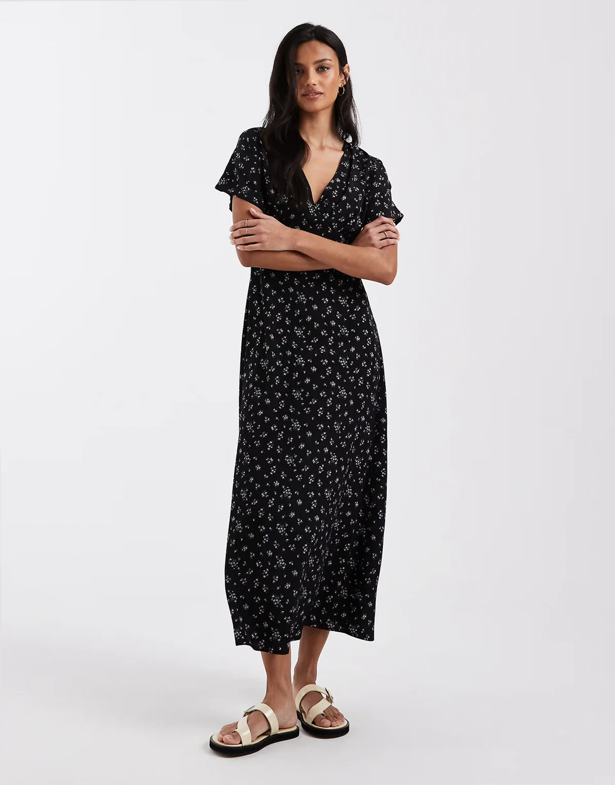 midi tea dress in black floral ditsy print
