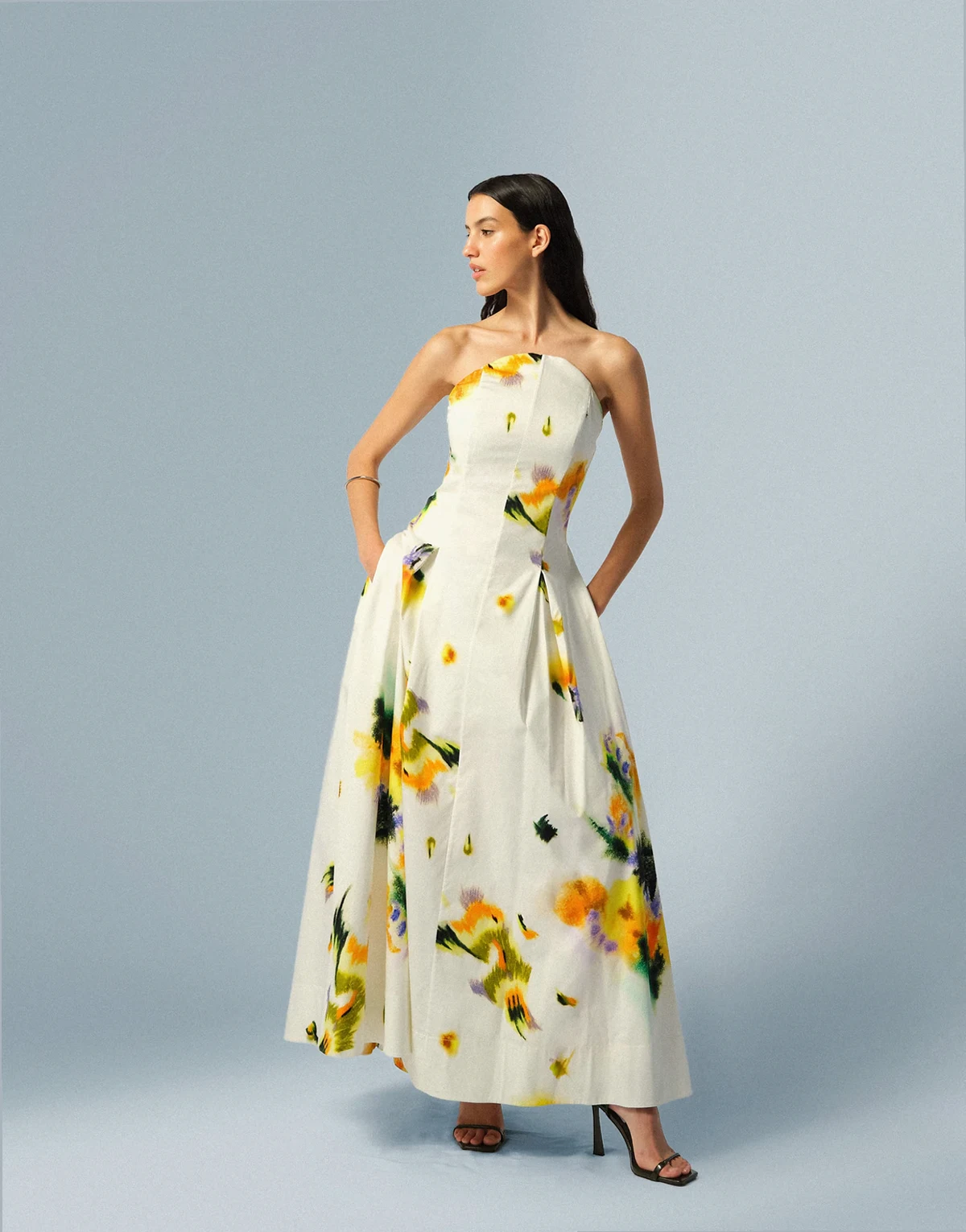 structured bandeau maxi dress in blurred floral print