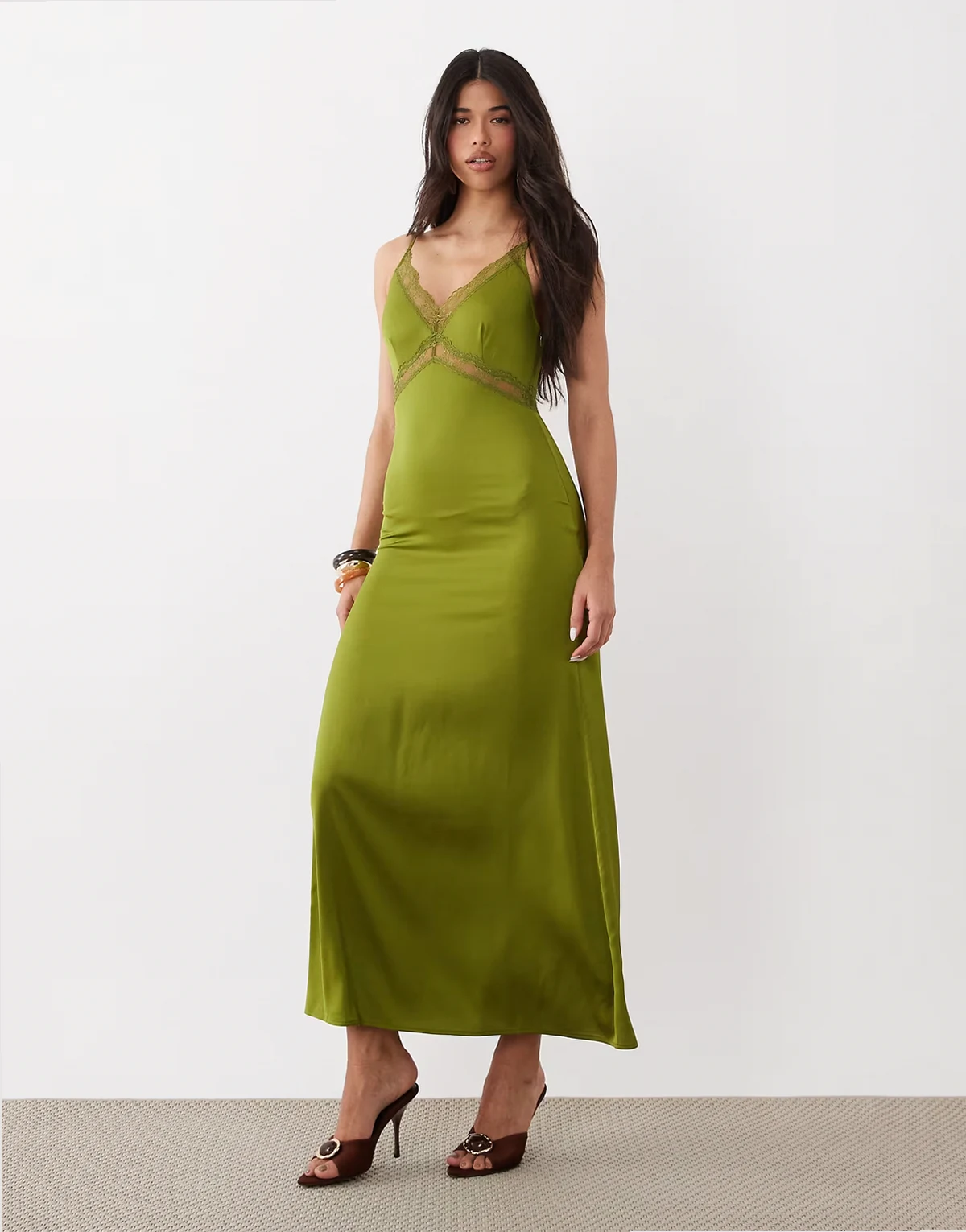 satin feel maxi dress with lace detail in olive