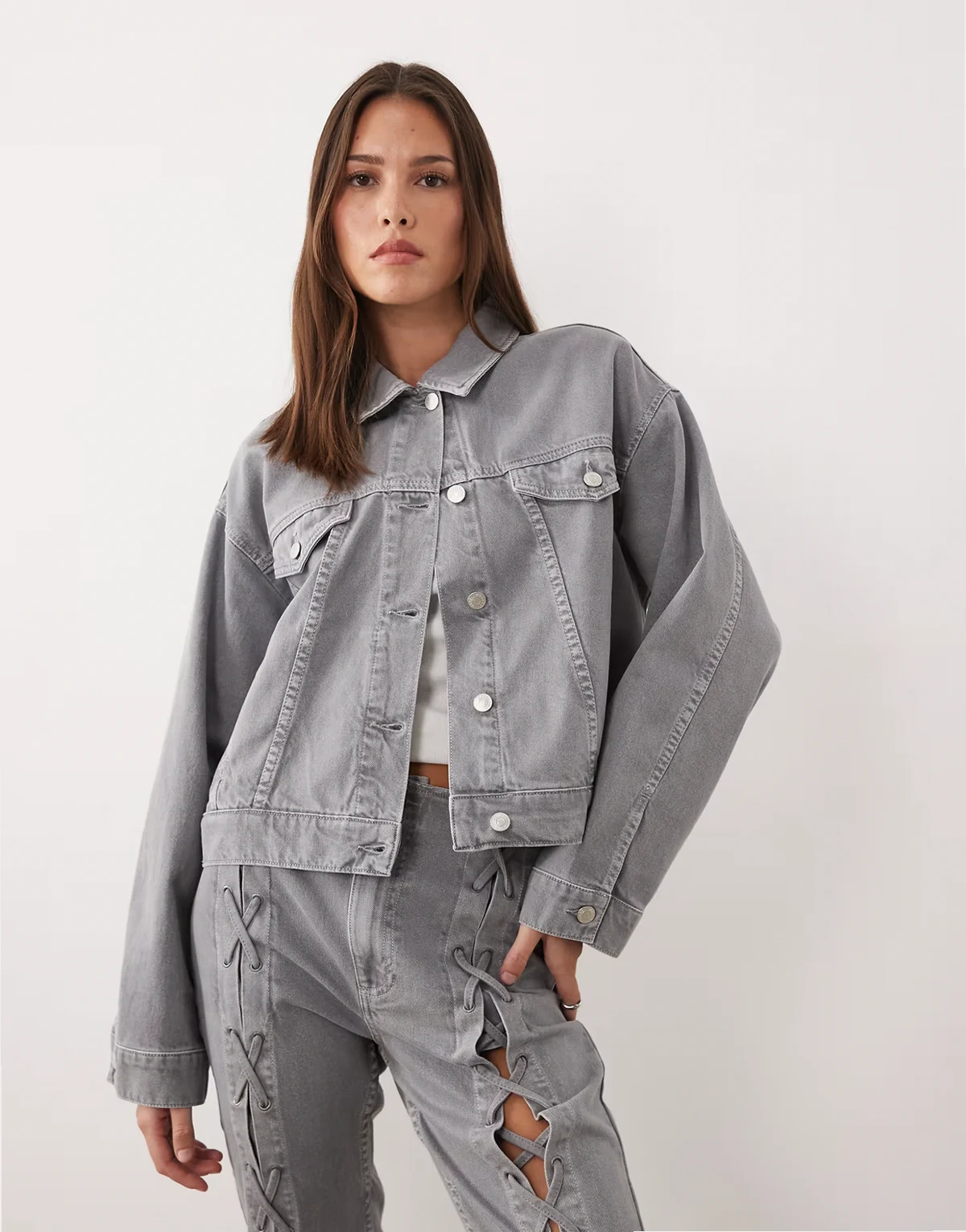 denim lace up jacket in gray - part of a set
